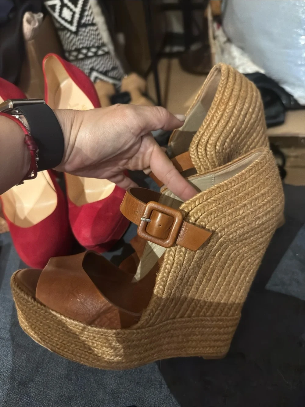 Christian Louboutin Tan Leather Espadrille Wedge Sandals